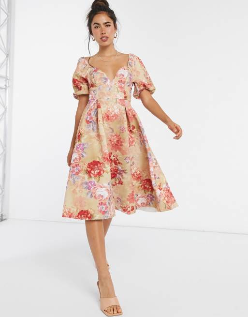 Asos Design Garden Party Robe Mi Longue De Bal De Promo Avec Bonnets Style Vintage Et Imprime Floral Asos