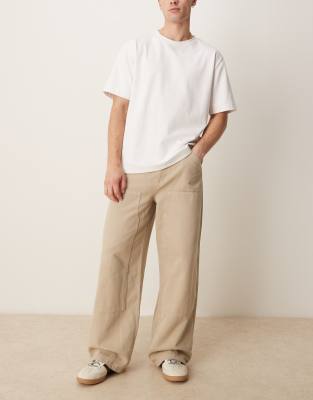 ASOS DESIGN garment dye super baggy carpenter jeans in beige-Neutral