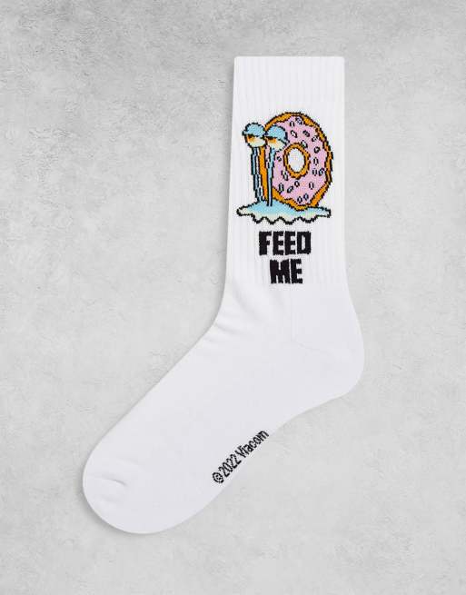 ASOS DESIGN gary sports sock in white with feed me print