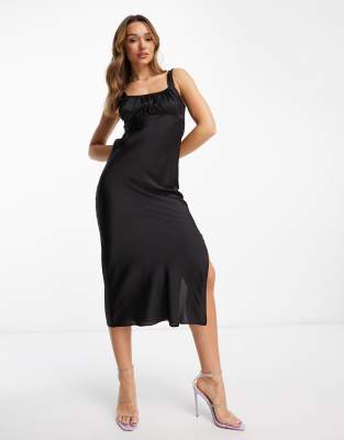 Asos Design Scoop Neck Midi Satin Slip Dress In Black