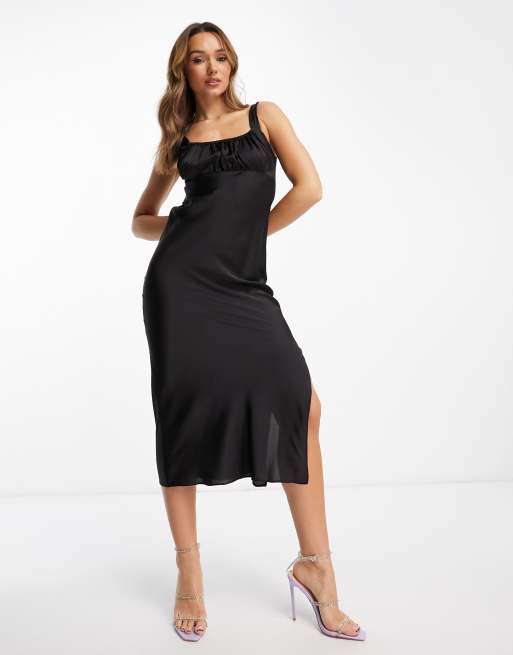 FhyzicsShops DESIGN gathered babydoll satin midi slip dress Cotton in black