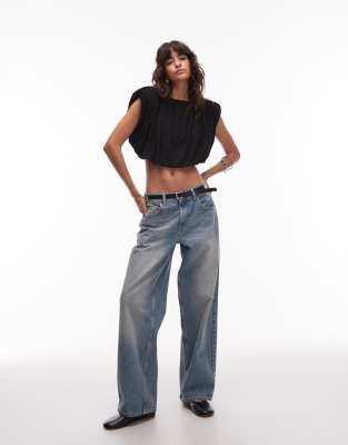 Asos Design Gathered Bubble Hem Shoulder Pads Top In Black