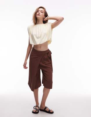 Asos Design Gathered Bubble Hem Shoulder Pads Top In Neutral