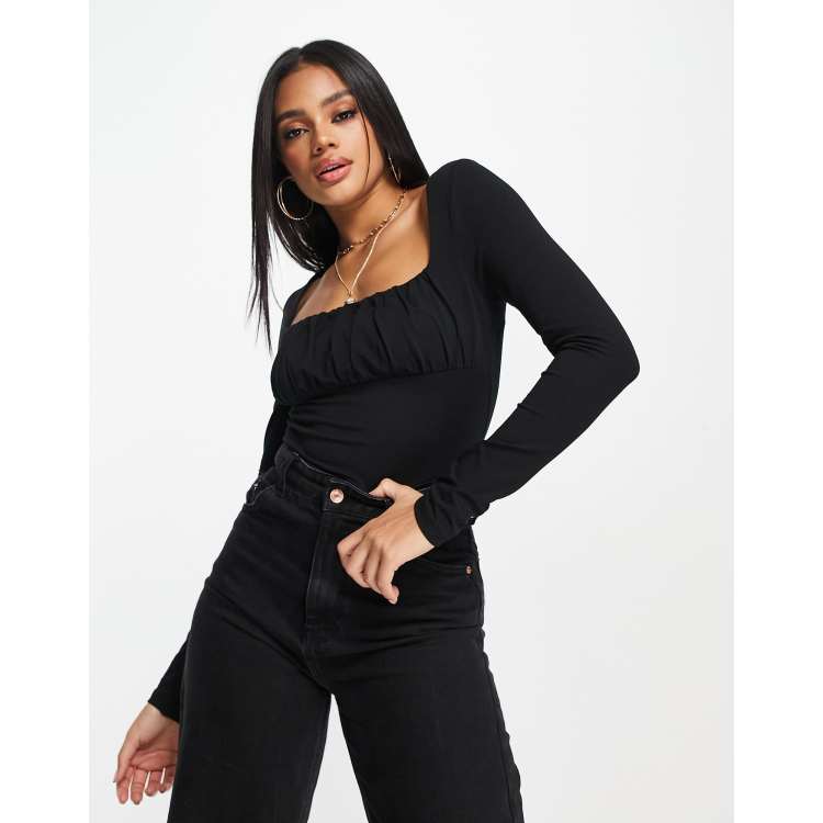 ASOS DESIGN gathered bust detail long sleeve top in black | ASOS