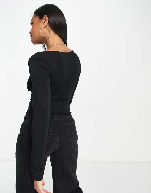 ASOS DESIGN gathered bust detail long sleeve top in black, 2 of 4
