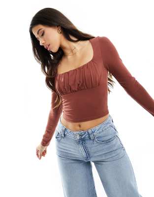 ASOS DESIGN gathered bust detail long sleeve top in deep chestnut - view 1