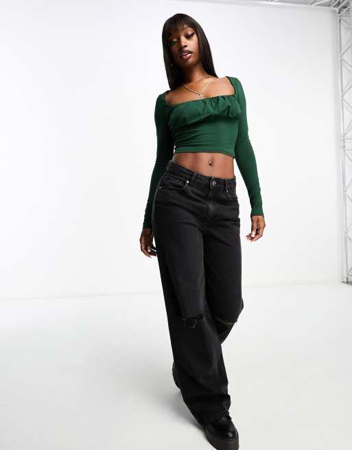 ASOS DESIGN gathered bust detail long sleeve top in forest green