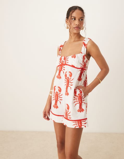 ASOS DESIGN gathered bust detail mini playsuit with contrast binding in lobster print - view 1