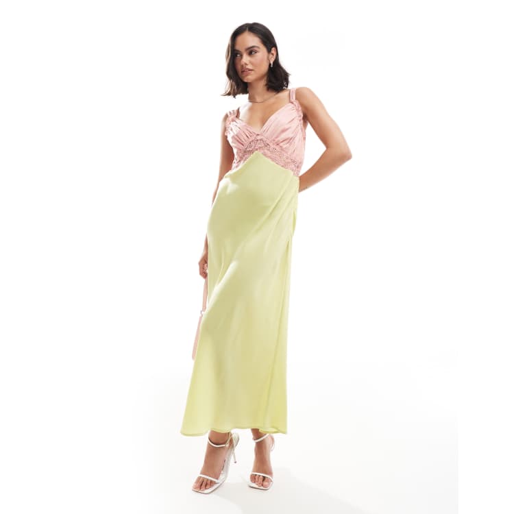 ASOS Design gathered bust lace insert midi dress in pink and green color block-Multi