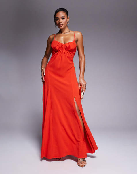 ASOS DESIGN gathered bust strappy cross back midi dress in red - view 1