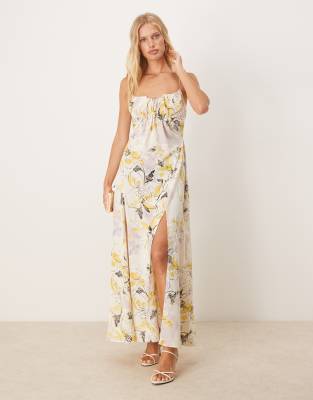 gathered bust strappy cross back midi dress in yellow floral print
