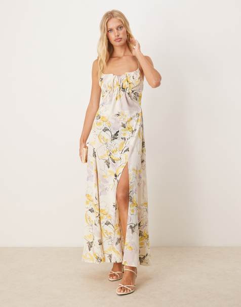 ASOS DESIGN gathered bust strappy cross back midi dress in yellow floral print - view 1