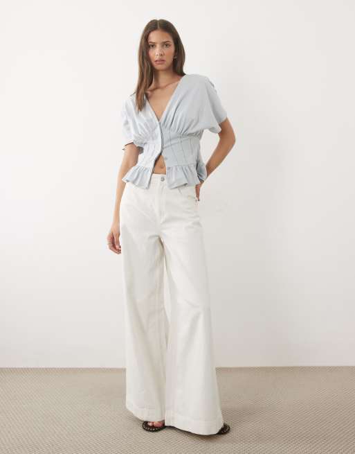ASOS DESIGN gathered bust top with corset waist in blue, 4 of 4