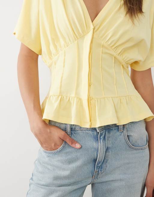 ASOS DESIGN gathered bust top with corset waist in buttermilk yellow, 3 of 4