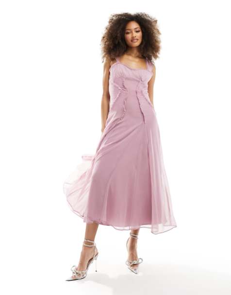 ASOS DESIGN gathered corset detail midi dress with cap sleeve and raw edges in dusky rose - view 1