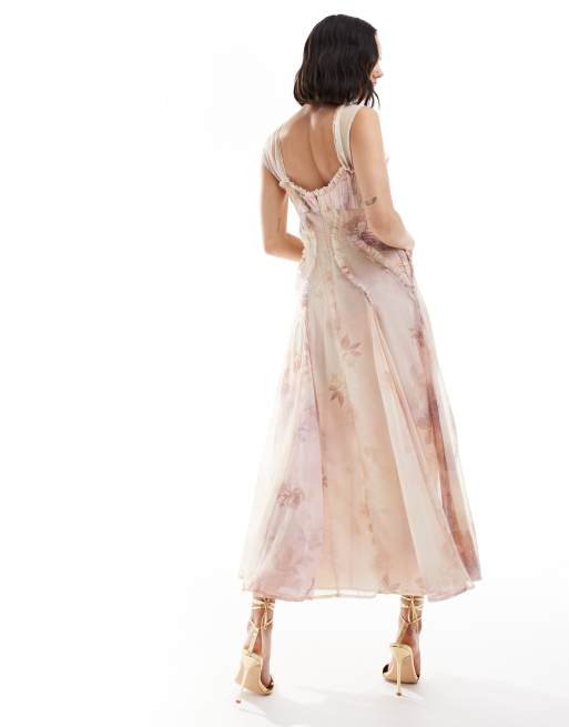 ASOS DESIGN gathered corset detail midi dress with cap sleeve and raw edges in soft floral print ASOS