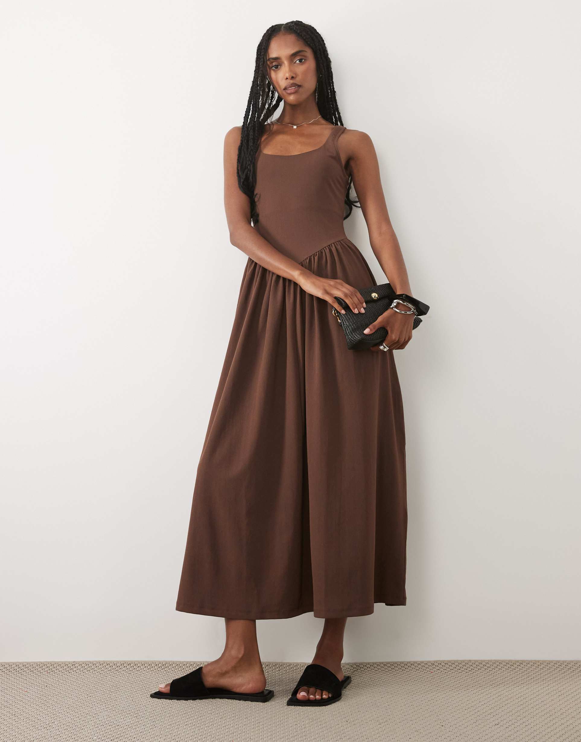 asos design gathered crepe midi dress in chocolate