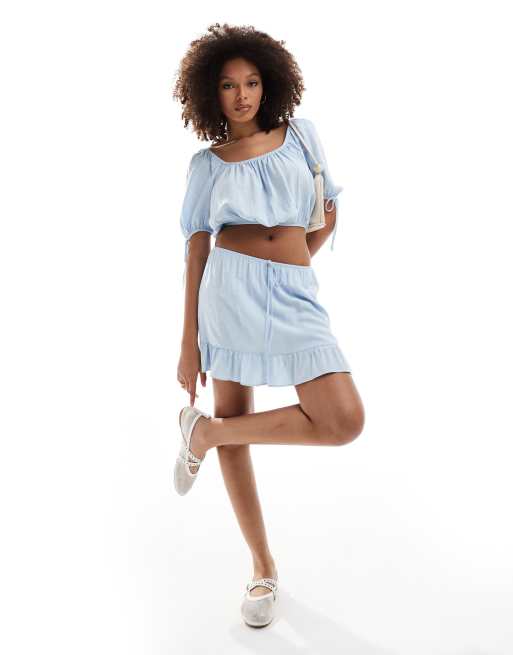 ASOS DESIGN gathered crop blouse and mini skirt set in blue