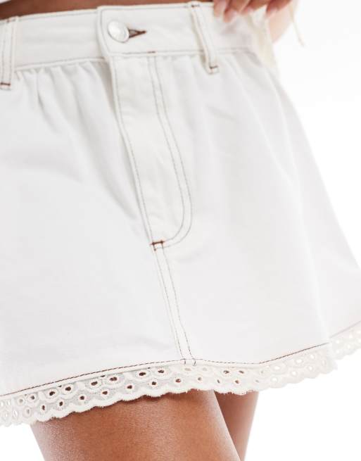 ASOS DESIGN gathered denim micro skirt with eyelet trim in ecru, 4 of 5