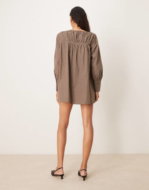 knee length dresses for ladies Mikayla Square Neck Mini Dress in Navy and Mustard Check