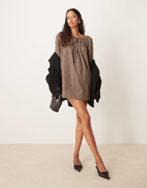 ASOS DESIGN gathered detail blouson sleeve mini dress in brown check