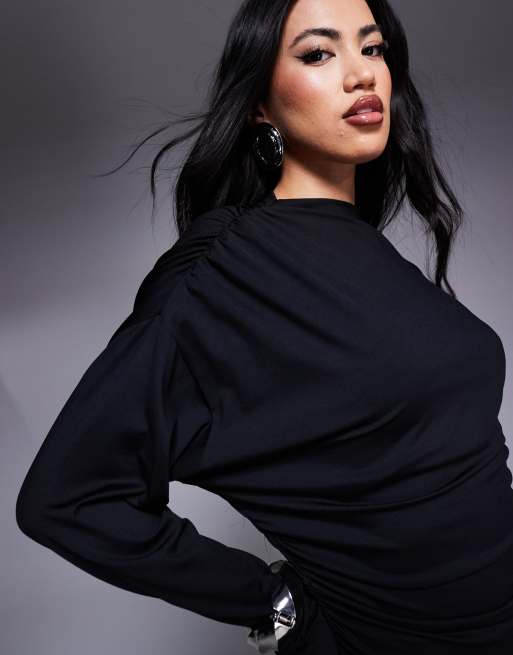 ASOS DESIGN gathered detail long sleeve top in black, 3 of 4