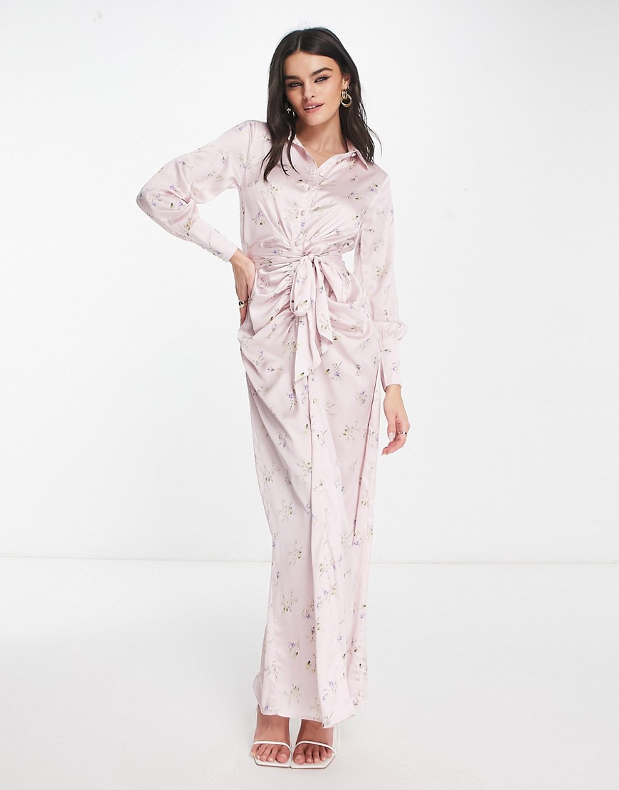 ASOS DESIGN gathered detail maxi shirt dress with belt in pink ditsy print-Multi