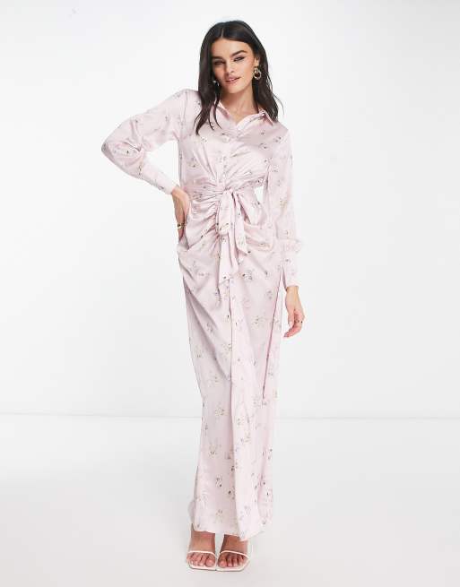 ASOS DESIGN gathered detail maxi shirt dress with belt in pink ditsy print