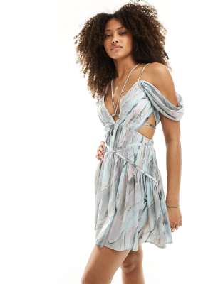 gathered draped strap detail mini dress in marble print-Multi