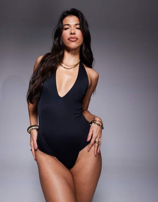 ASOS DESIGN gathered leg plunge front swimsuit in black ASOS
