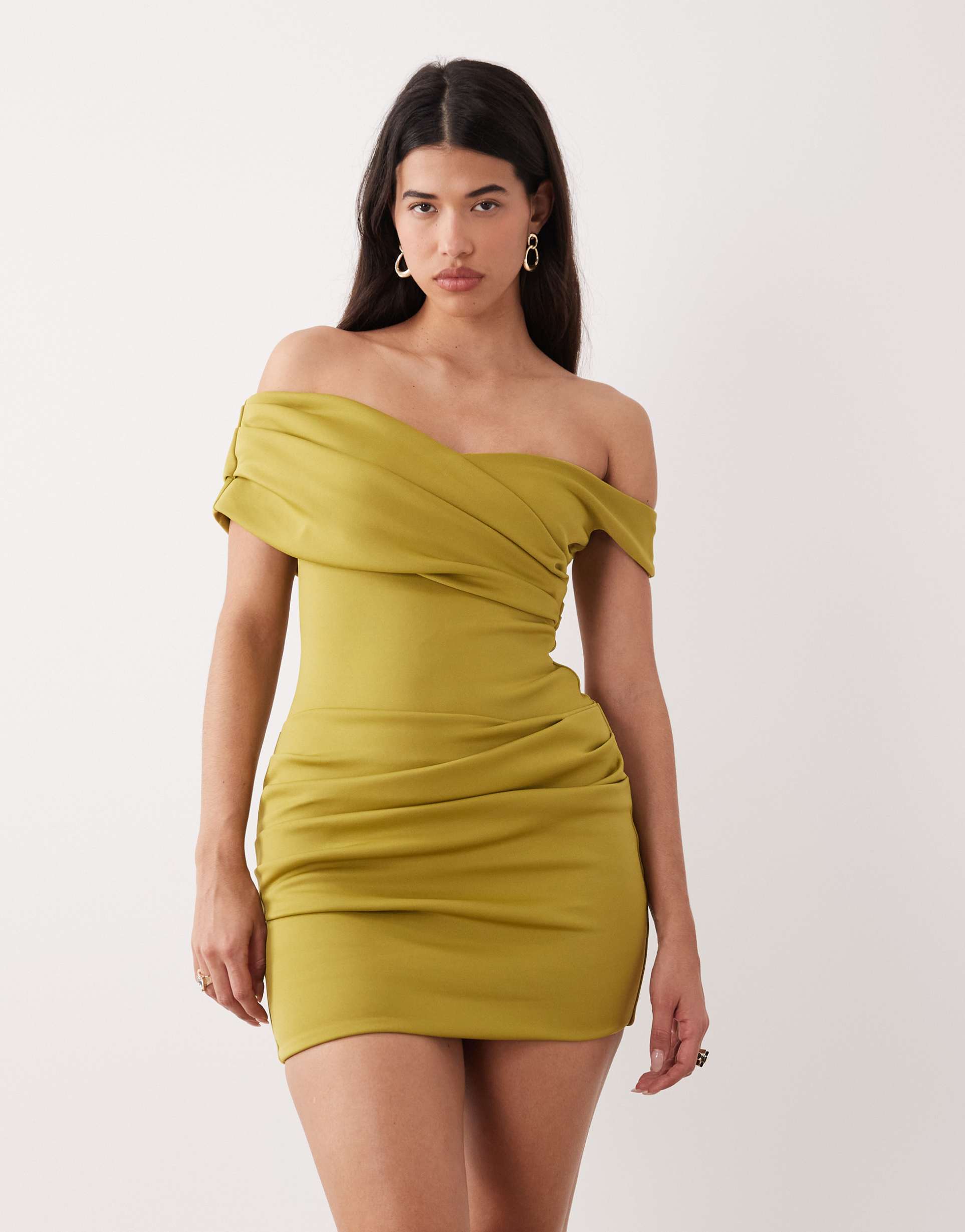 asos design gathered mini dress in avocado scuba-style fabric