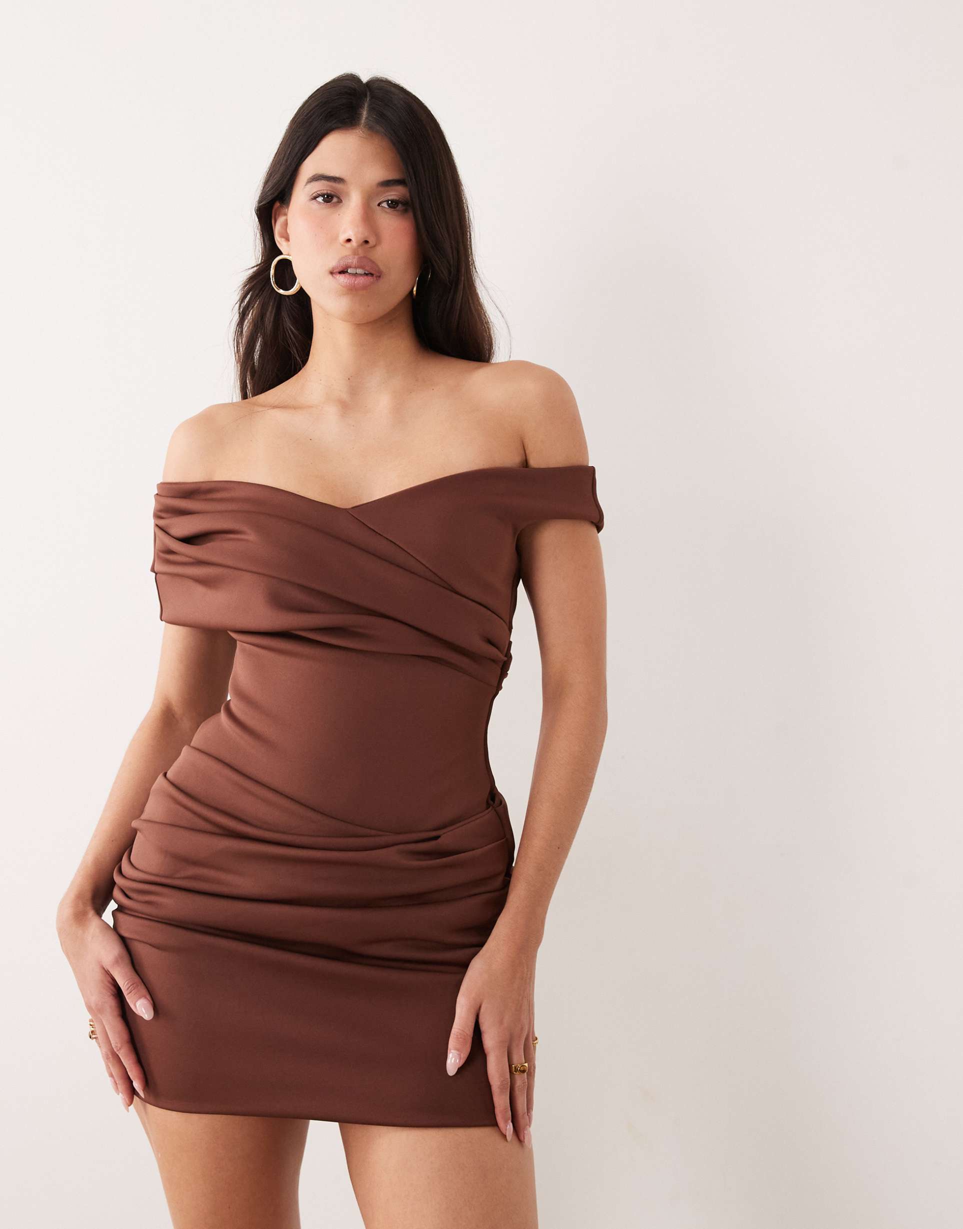 asos design gathered mini dress in cappuccino scuba-style fabric