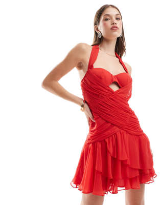 Asos Design Gathered Mini Dress With Cup Detail In Red