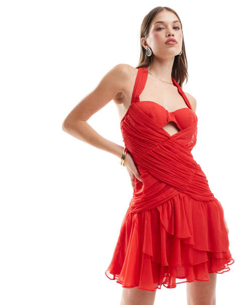 ASOS DESIGN gathered mini dress with cup detail in red - view 1