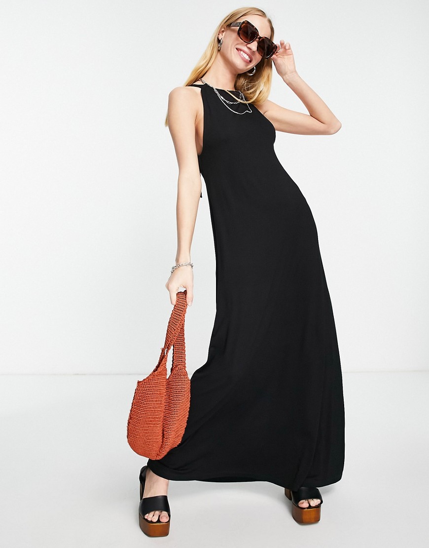 ASOS DESIGN gathered neck maxi dress with open back in black