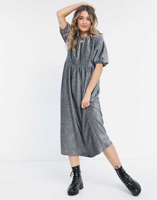 glitter smock dress ASOS DESIGN gathered neck midi smock dress in silver glitter