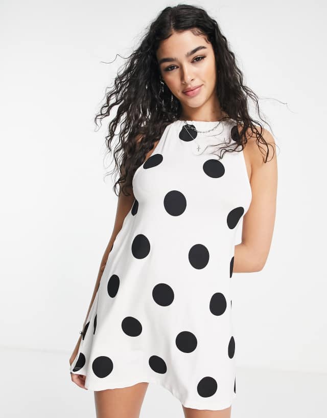 ASOS DESIGN gathered neck mini dress with open back in large scale mono spot