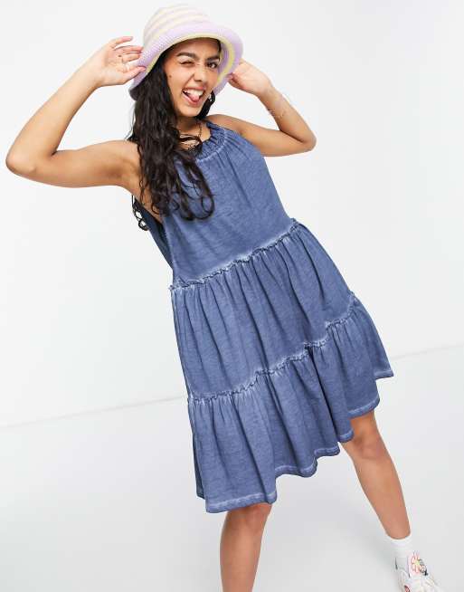 ASOS DESIGN gathered neck tiered mini dress in blue acid wash