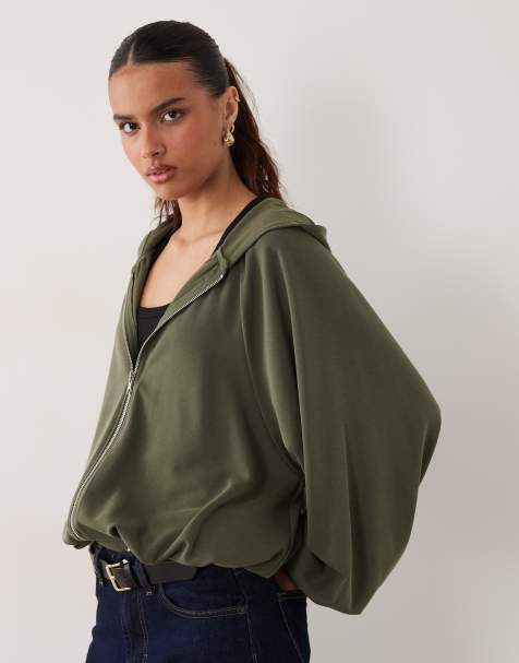 ASOS DESIGN gathered neck zip front hoodie in khaki - view 1