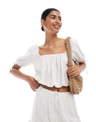 Asos Design Gathered Neckline Puff Sleeve Blouse In Ivory-white