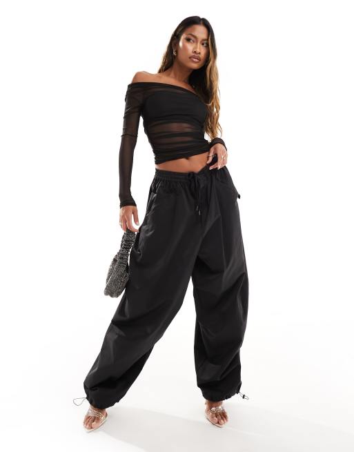 ASOS DESIGN gathered off the shoulder mesh top in black