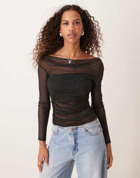 ASOS DESIGN gathered off the shoulder mesh top in black glitter mesh - view 1
