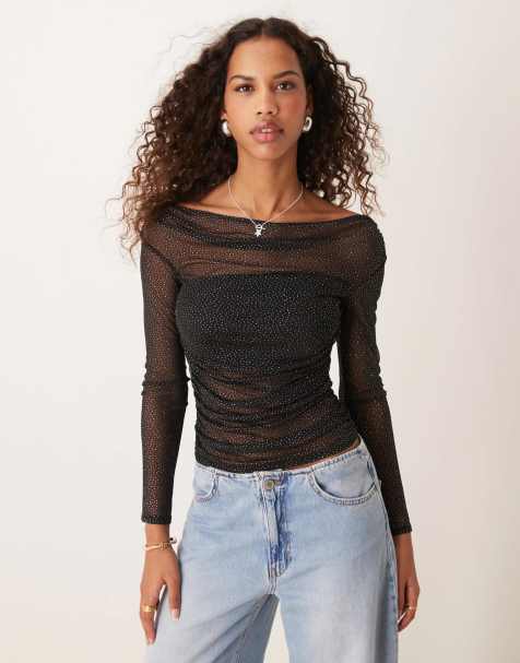 ASOS DESIGN gathered off the shoulder mesh top in black glitter mesh - view 1