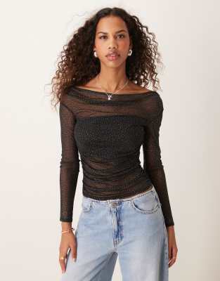Asos Design Gathered Off The Shoulder Mesh Top In Black Glitter In Black