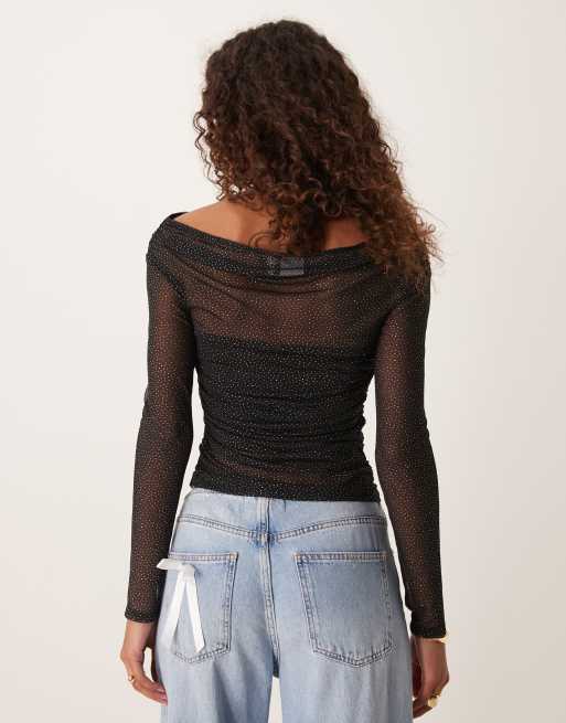 ASOS DESIGN gathered off the shoulder mesh top in black glitter, 3 of 4