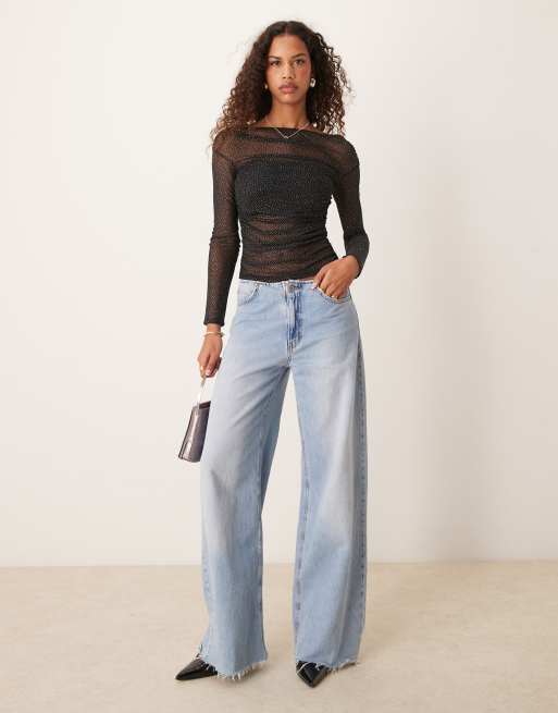 ASOS DESIGN gathered off the shoulder mesh top in black glitter, 4 of 4