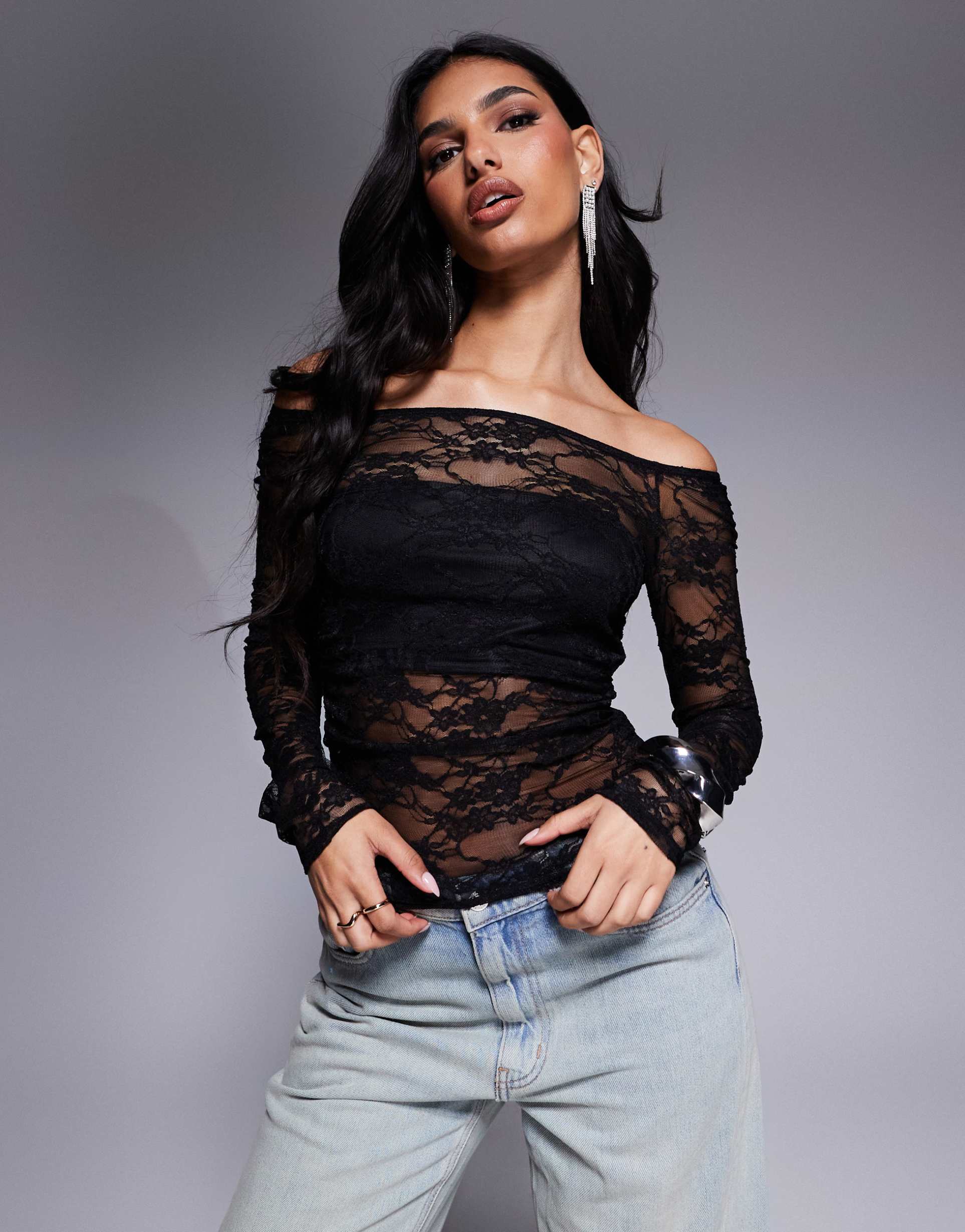 asos design gathered off the shoulder mesh top in black lace