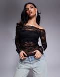 [ASOS DESIGN] ASOS DESIGN gathered off the shoulder mesh top in black lace XS Black