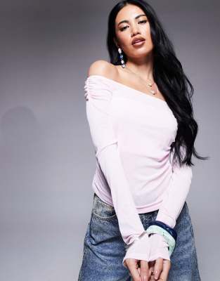 Asos Design Gathered Off The Shoulder Mesh Top In Pink