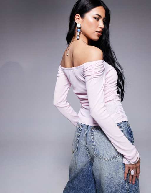 ASOS DESIGN gathered off the shoulder mesh top in pastel pink